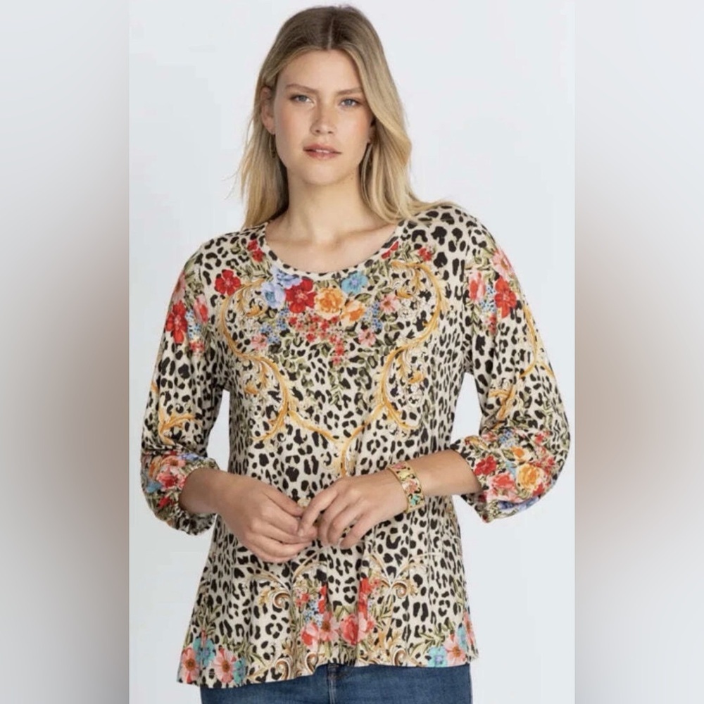 Johnny Was Leopard Floral Tunic Top Bamboo Viscose Puff Sleeve Boho XXS - Picture 2 of 12